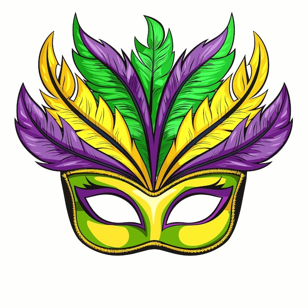 Vecteur un masque de mardi gras jaune et violet avec des plumes dessus