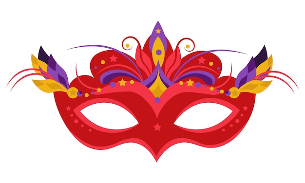 Masque de mascarade rouge avec plumes violettes. Élément de costume de Mardi Gras. Pour la fête d'anniversaire du carnaval.