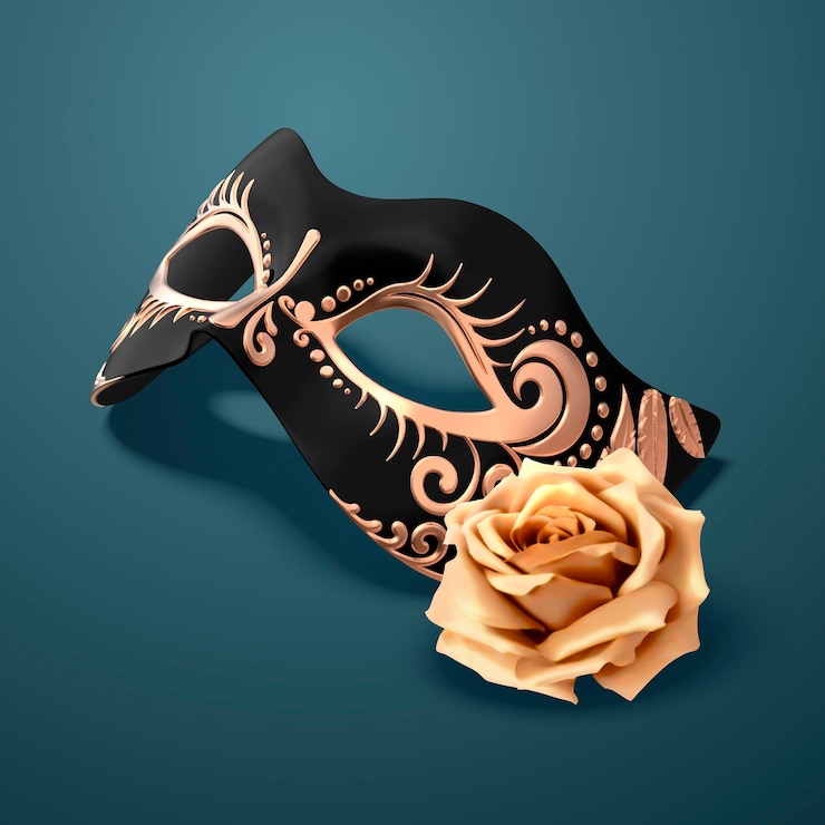 Vecteur masque noir gaufré à la rose dorée