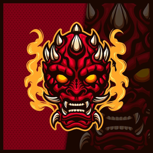 Masque Oni Visage Tête Mascotte Esport Logo Design Illustrations Modèle, Style De Dessin Animé Monstre