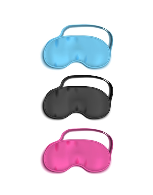 Vecteur masque de sommeil pourpre 3d réaliste et paire de bouchons d'oreille en mousse pour la relaxation nocturne illustration vectorielle d'accessoires de voyage