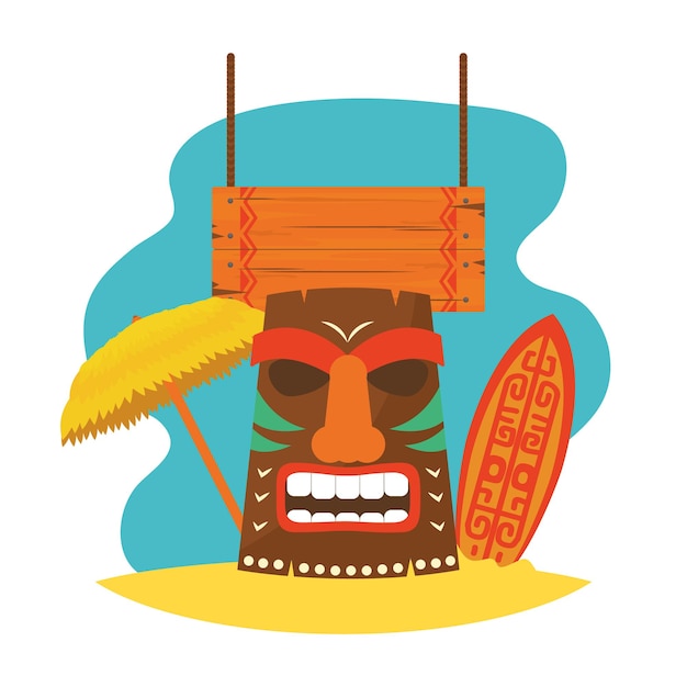 Masque tiki hawaïen avec planche de surf et parasol