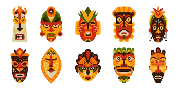 Masques Africains Tribaux Ethnique Rituel Tribu Masque Bois Coloré Tiki Symboles Traditionnels Carnaval Totem Art Graphique Vecteur Aborigène De Tête Souvenir Tribal Cérémonial Visage Tribu Illustration