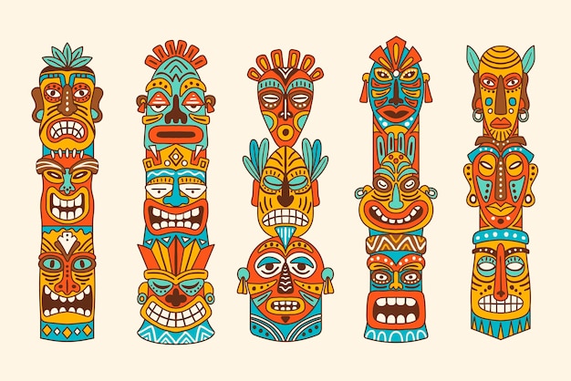 Vecteur masques tribaux indigènes totems indiens tiki masques hawaïens vecteurs récents mythologie authentique symboles du totem et du masque indigènes hawaïens illustration de la culture du visage tribal
