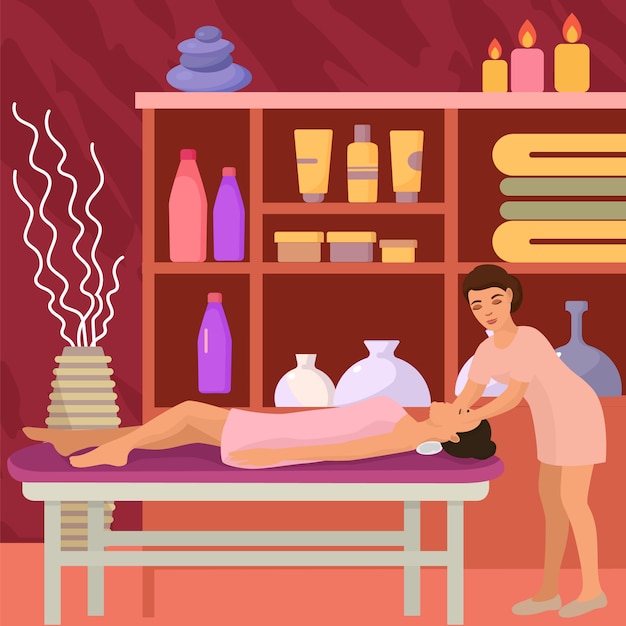Massage pour femme, détendez-vous dans l'illustration du salon spa. Beauté soins du corps et soins de santé, loisirs pour la peau et loisirs.
