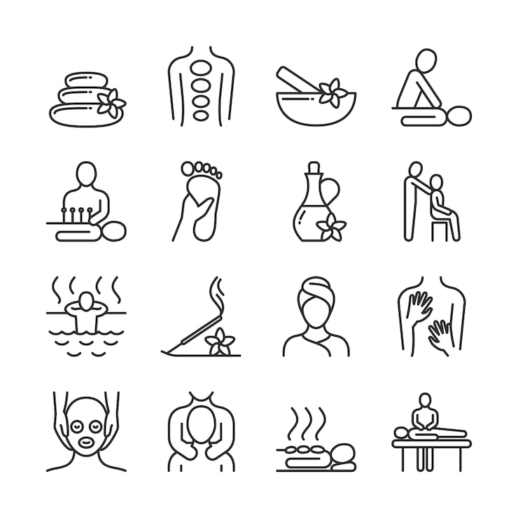 Vecteur massage relaxant et pictogrammes de ligne de spa bio. icônes vectorielles de thérapie de main. spa et thérapie, massage pour la santé et illustration de détente