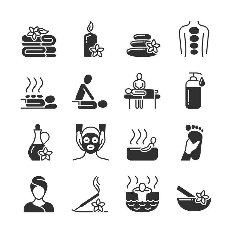 Vecteur massages et spa, icônes médicales soins du corps