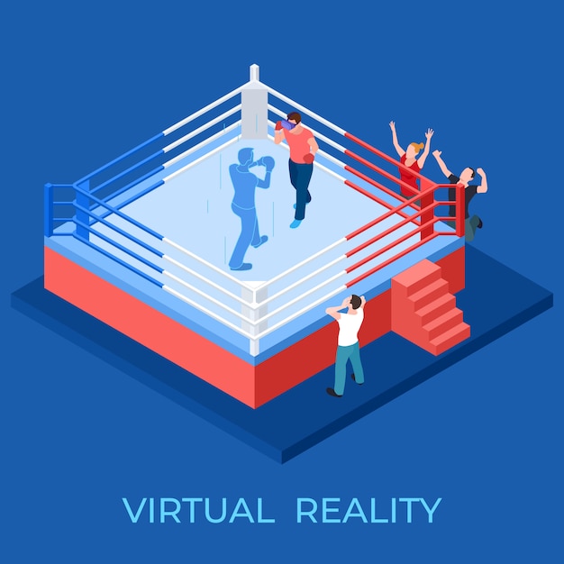 Match de boxe de réalité virtuelle sur l'illustration vectorielle de terrain de jeu isométrique
