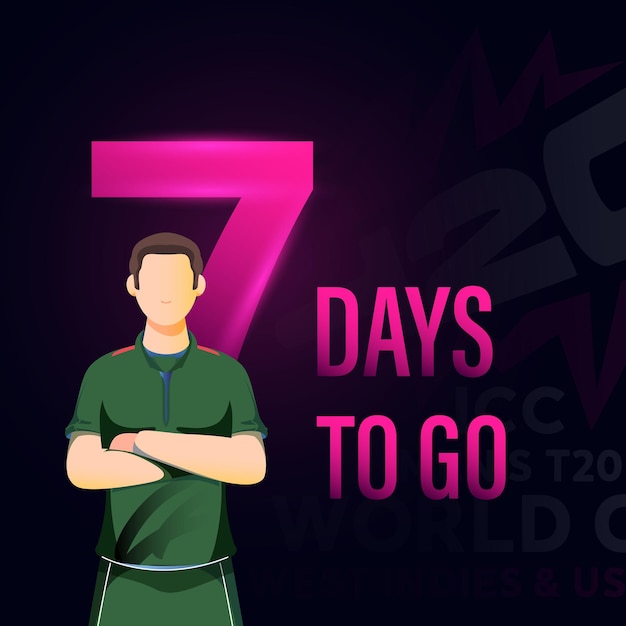 Vecteur le match de cricket de la coupe du monde t20 masculine de l'icc commencera dans 7 jours. design d'affiche basé sur le personnage du joueur de cricket bangladais sur un fond sombre