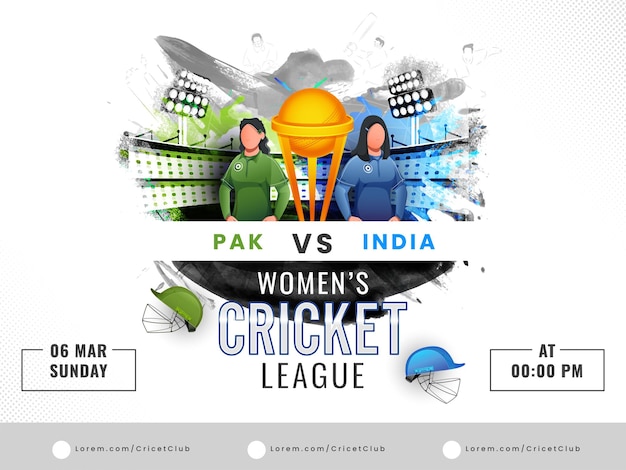 Match De Cricket Féminin Entre Le Pakistan Contre L'inde Avec Des Joueurs De Cricket Sans Visage Et Une Coupe Du Trophée Gagnante Sur Fond De Stade Grunge Brush