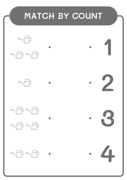 Match par nombre de jeu d'arrosoir pour enfants Feuille de travail imprimable d'illustration vectorielle