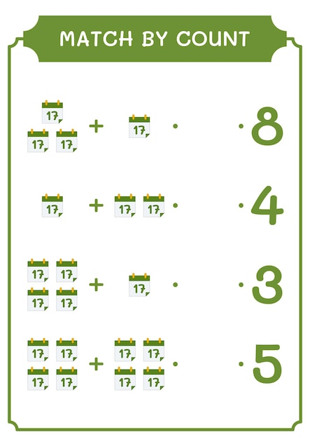 Match Par Nombre De Jeu De Calendrier Pour Les Enfants Feuille De Travail Imprimable D'illustration Vectorielle