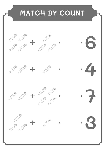 Match par nombre de jeu de carottes pour enfants Feuille de travail imprimable d'illustration vectorielle