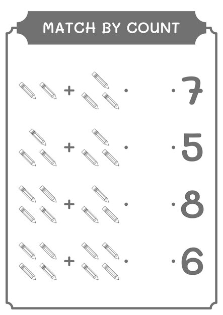 Match par nombre de jeu de crayons pour enfants Feuille de travail imprimable d'illustration vectorielle