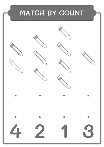 Match par nombre de jeu de crayons pour enfants Feuille de travail imprimable d'illustration vectorielle