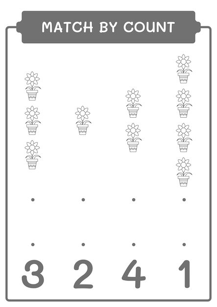 Match par nombre de jeu de fleurs pour les enfants Feuille de travail imprimable d'illustration vectorielle