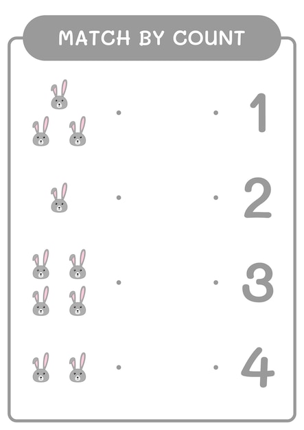 Match par nombre de jeu de lapin pour les enfants Feuille de travail imprimable d'illustration vectorielle