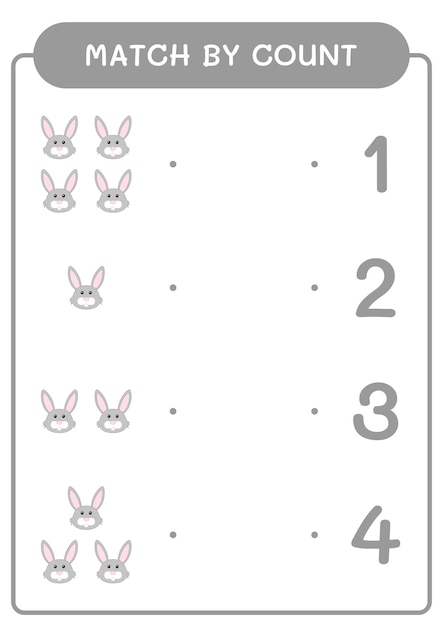 Match par nombre de jeu de lapin pour les enfants Feuille de travail imprimable d'illustration vectorielle