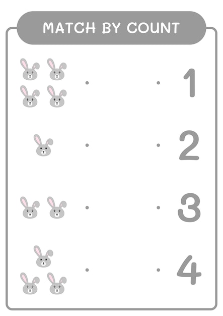 Match par nombre de jeu de lapin pour les enfants Feuille de travail imprimable d'illustration vectorielle