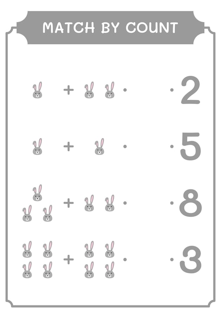 Match par nombre de jeu de lapin pour les enfants Feuille de travail imprimable d'illustration vectorielle