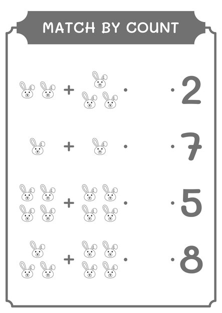 Match par nombre de jeu de lapin pour les enfants Feuille de travail imprimable d'illustration vectorielle