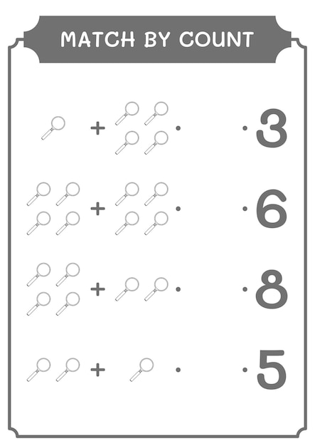 Match par nombre de jeu de loupe pour enfants Feuille de travail imprimable d'illustration vectorielle