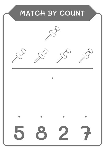 Match par nombre de jeu de punaise pour enfants Feuille de travail imprimable d'illustration vectorielle