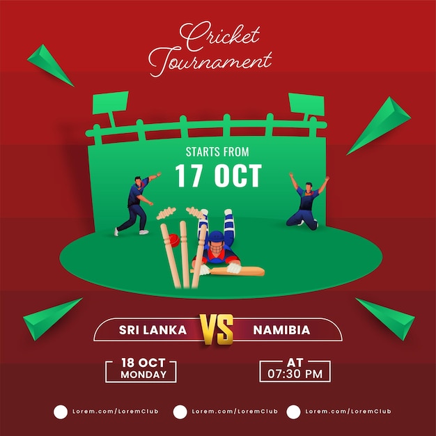 Match De Tournoi De Cricket Entre Le Sri Lanka Et La Namibie Avec Un Joueur De Cricket épuisé Et Des éléments Triangulaires 3d Sur Une Aire De Jeux Rouge Et Verte.