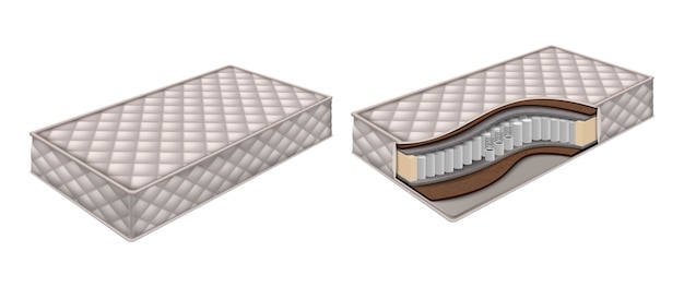 Vecteur matelas orthopédique et structure de matelas découpés avec vue en couches. illustration isolée.