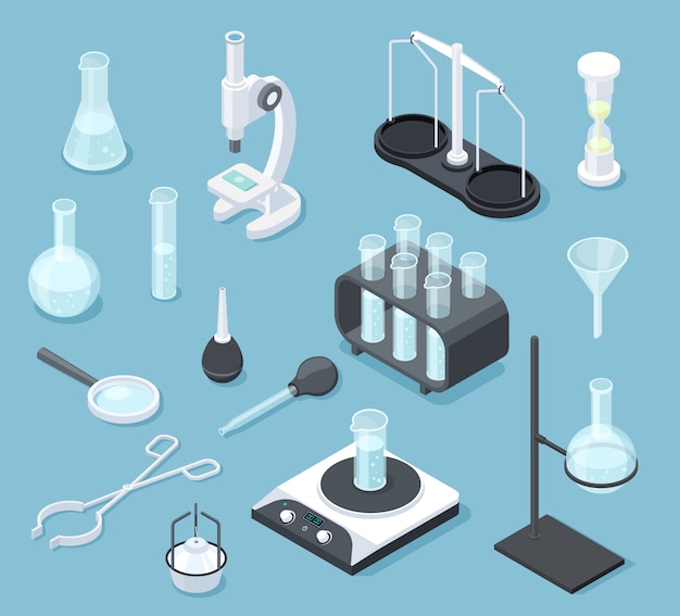 Matériel de laboratoire de chimie isométrique. Ensemble de matériel de chimie pour flacon de microscope