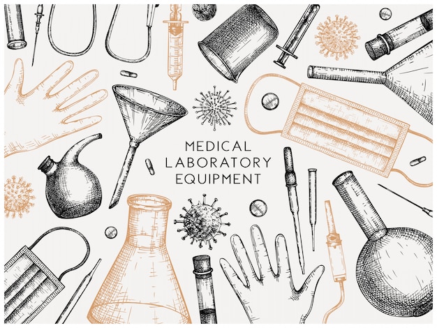 Matériel de laboratoire de test de virus Corona. Modèle dessiné à la main de coronavirus. Nouveau dépliant sur la pandémie. bannière avec matériel de laboratoire, médicaments, outils de protection, dessins de virus.