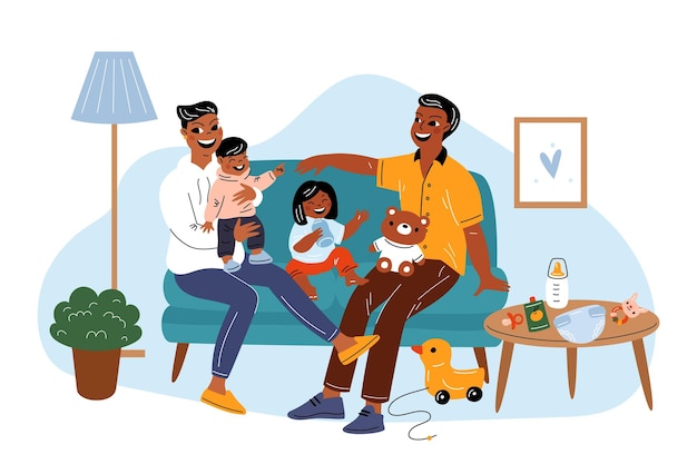 Maternité heureuse Famille souriante assise sur un canapé dans le salon Rire des enfants et des jeunes parents Ambiance à la maison Soins du bébé Mère et père avec les tout-petits Concept de vecteur criard