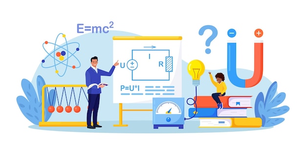 Vecteur matière scolaire de physique élève étudiant l'électricité, le magnétisme, les ondes lumineuses et la force en classe