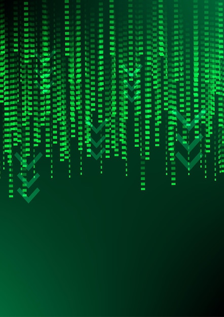 Matrice de code numérique Une représentation futuriste d'un flux de données présentant des lignes vertes vibrantes et des flèches directionnelles en cascade vers le bas sur un fond de gradient profond