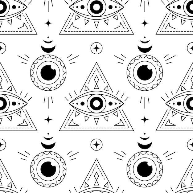 Mauvais Yeux Motif Sans Couture Dessin Au Trait Divers Talismans Protection Design Plat Monochrome Design Tendance Moderne