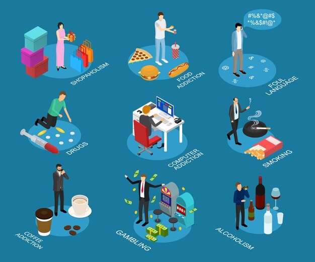 Mauvaises habitudes Signe 3d Icon Set Vue isométrique Comprend la drogue La dépendance à la nourriture L'alcool et le shopping