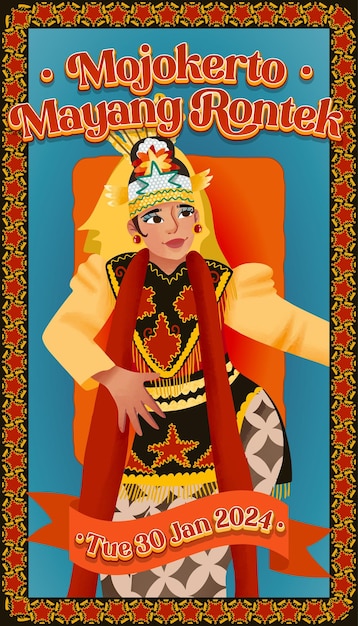 Vecteur mayang rontek danse mojokerto cellule culturelle indonésienne à l'ombre illustration dessinée à la main