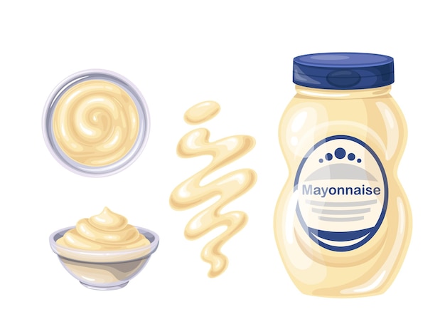 Mayonnaise en bouteille et bol, sauce renversée de lanières et de taches. Vue de dessus du bol de mayonnaise.