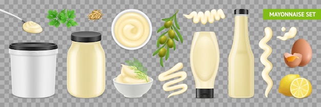 Mayonnaise réaliste sertie d'images isolées d'ingrédients d'emballage et de plantes nutritionnelles sur illustration vectorielle de fond transparent