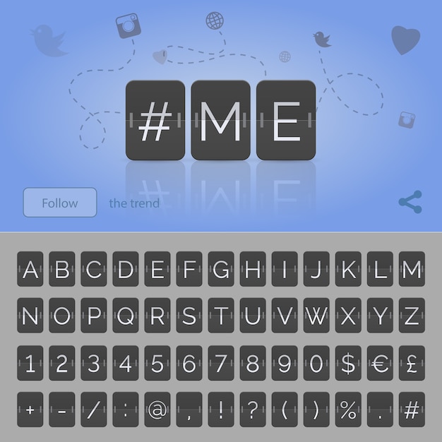 Vecteur me hashtag par numéros et symboles de l'alphabet du tableau de bord noir flip