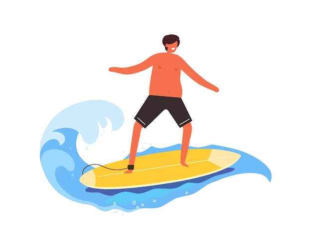 Un mec bronzé en short Surfeur sur la vague Océan La planche de surf est jaune Illustration vectorielle