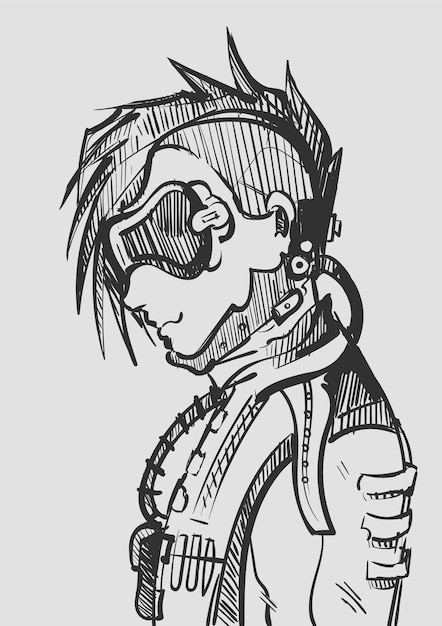 Mec Cyberpunk Cool Dans Une Veste En Cuir Et Un Croquis De Lunettes