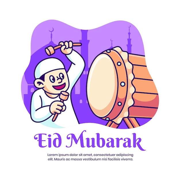 Vecteur mec mignon frappant le tambour illustration vectorielle personnage eid dessin animé islamique