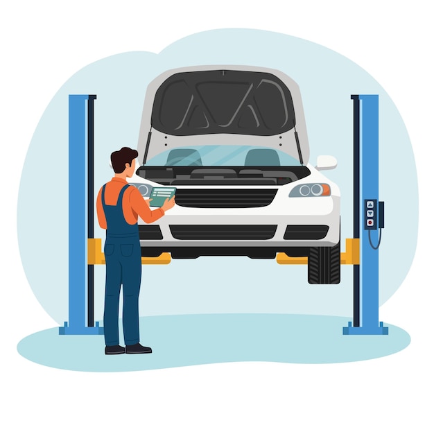 Mécanicien diagnostique une voiture sur ascenseur hydraulique