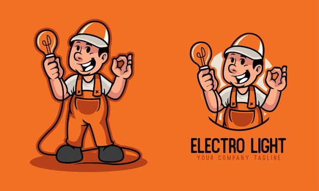 Vecteur mécanicien électrique tenant le logo de la mascotte de l'ampoule