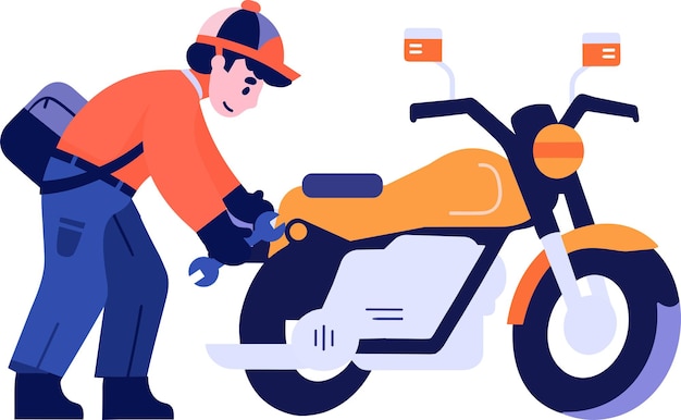 Mécanicien de moto dessiné à la main dans un style plat isolé sur fond