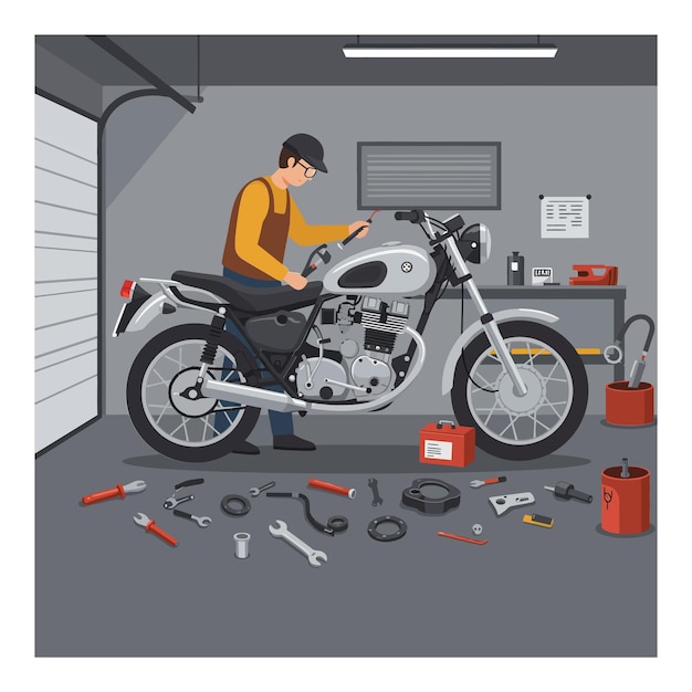 Mécanicien réparant une moto dans un garage entouré d'outils et d'équipements sur le sol