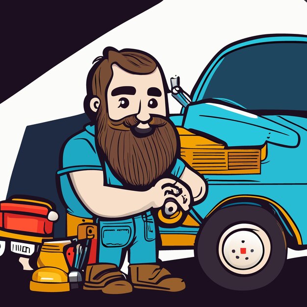 Vecteur un mécanicien sale avec une longue barbe travaillant sur une voiture parce qu'il l'aime dessin animé d'illustration vectorielle