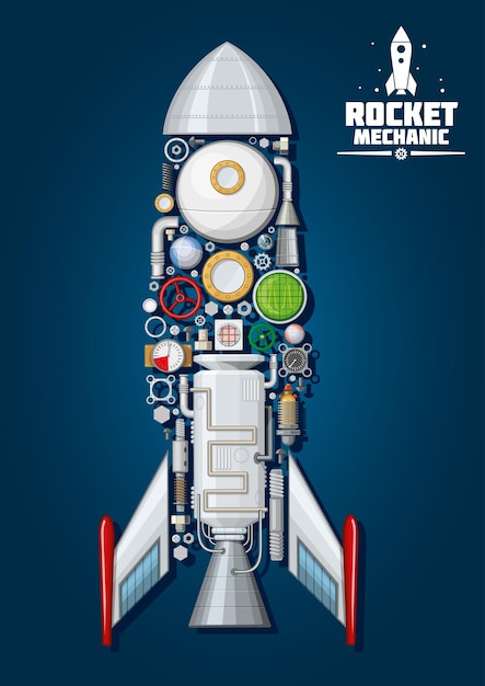 Mécanique De Fusée. Vaisseau Spatial Avec Des Pièces De Moteur Détaillées Et Une Structure Corporelle Telle Qu'un Cône De Nez, Des Ailettes Et Une Trappe D'accès, Une Buse