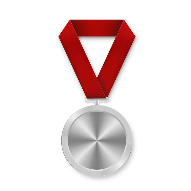 Vecteur médaille d'argent du sport pour les gagnants avec ruban rouge badges d'honneur du trophée de la deuxième place